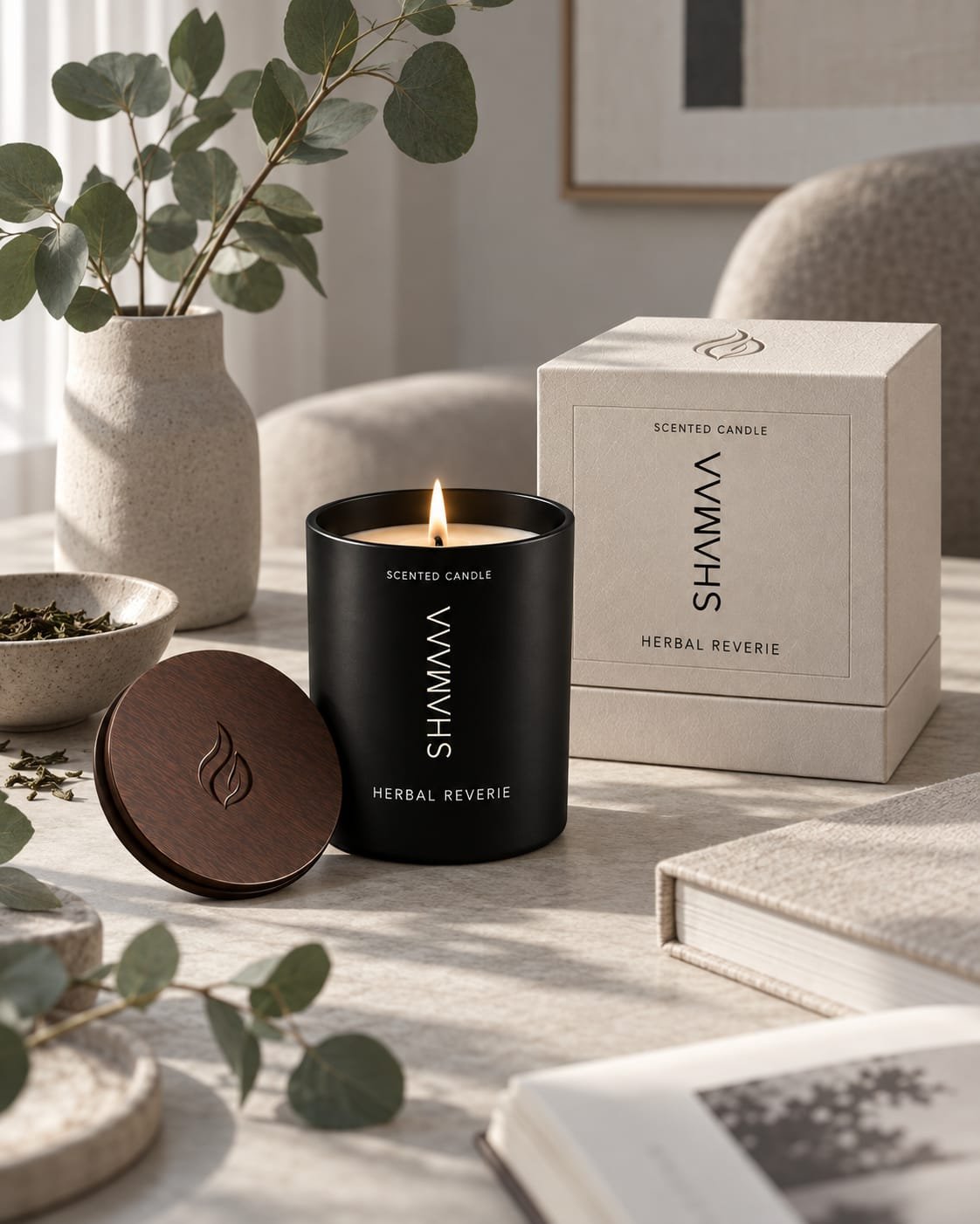 A lit Shamaa candle beside its Soft Oat box on a pale stone table