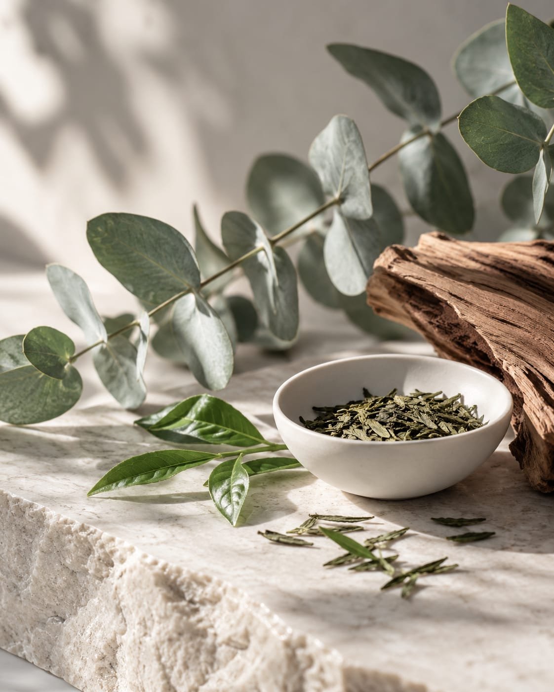 Eucalyptus and green tea on pale stone