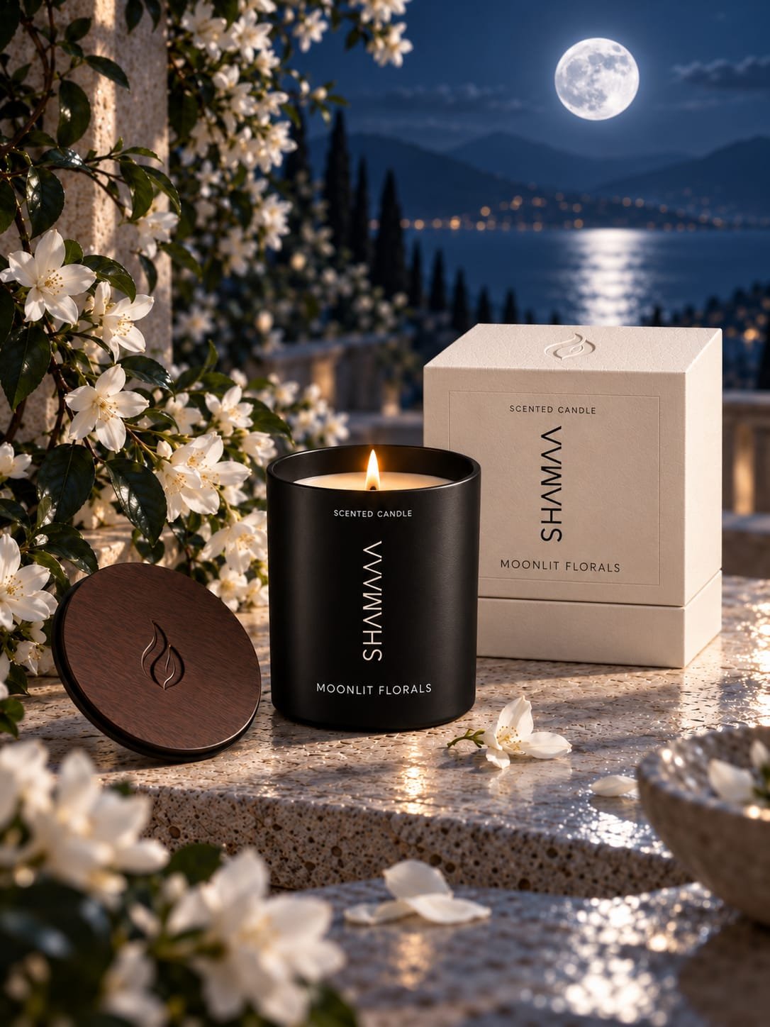 A Shamaa candle on a terrace at night, the sea and moon beyond