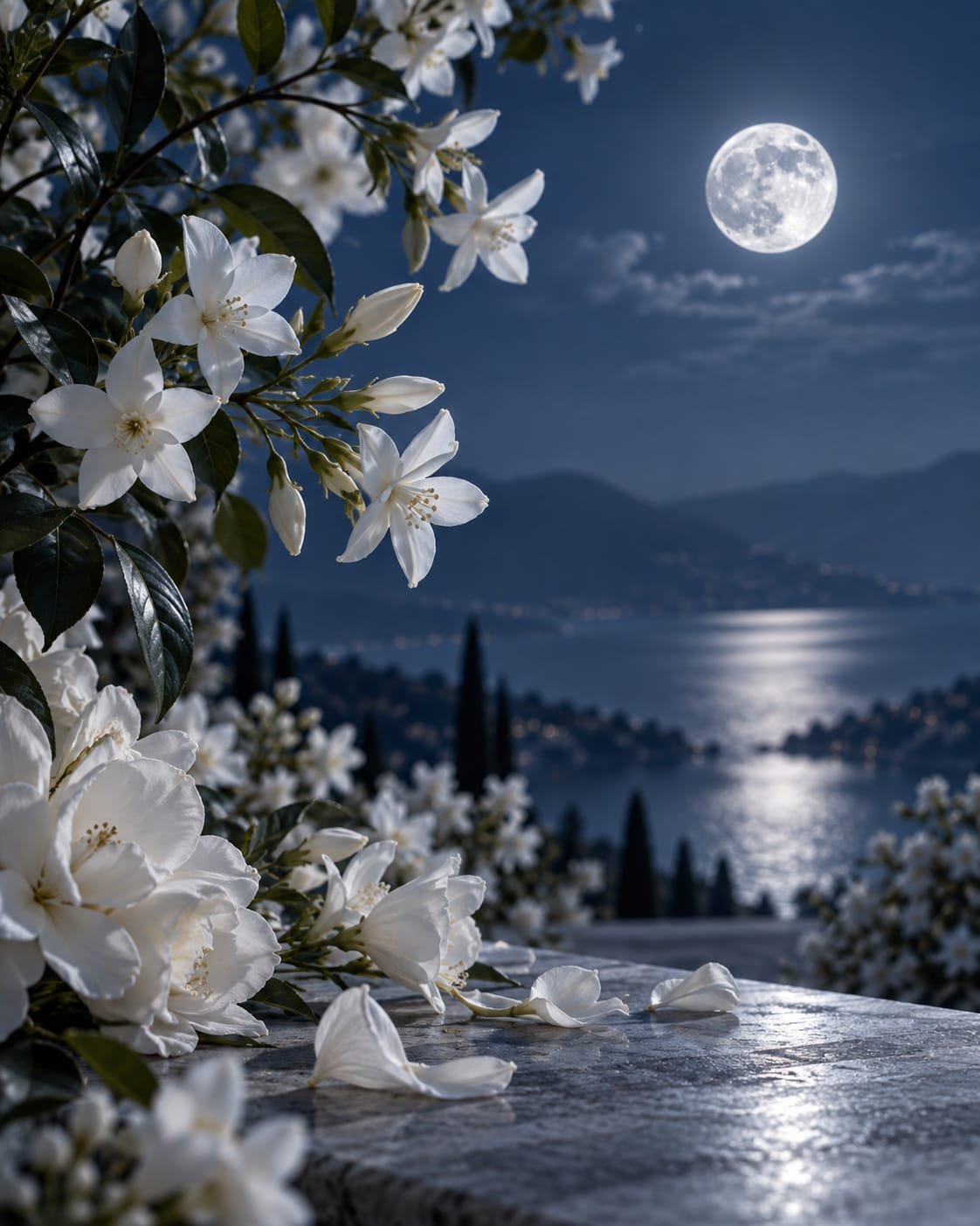 Night-blooming jasmine on a stone terrace under a full moon