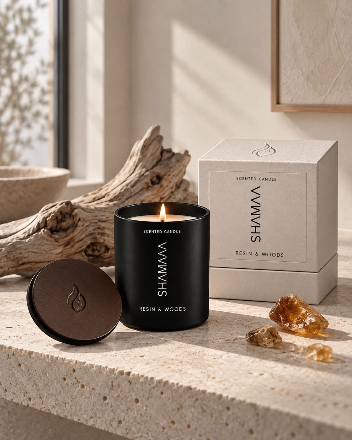 A lit Shamaa candle on a stone ledge in soft window light