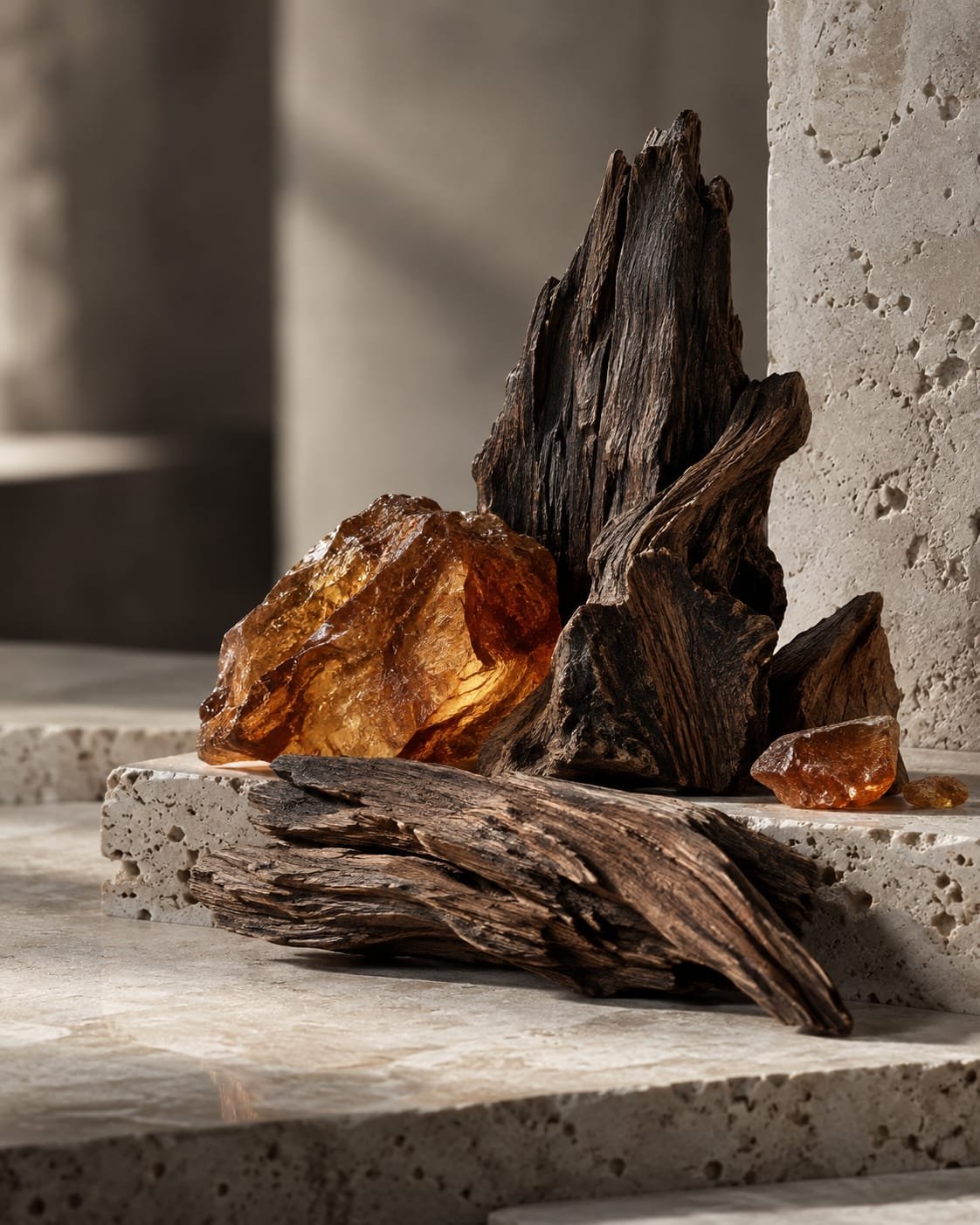 Dark resinous wood and amber resin on pale stone